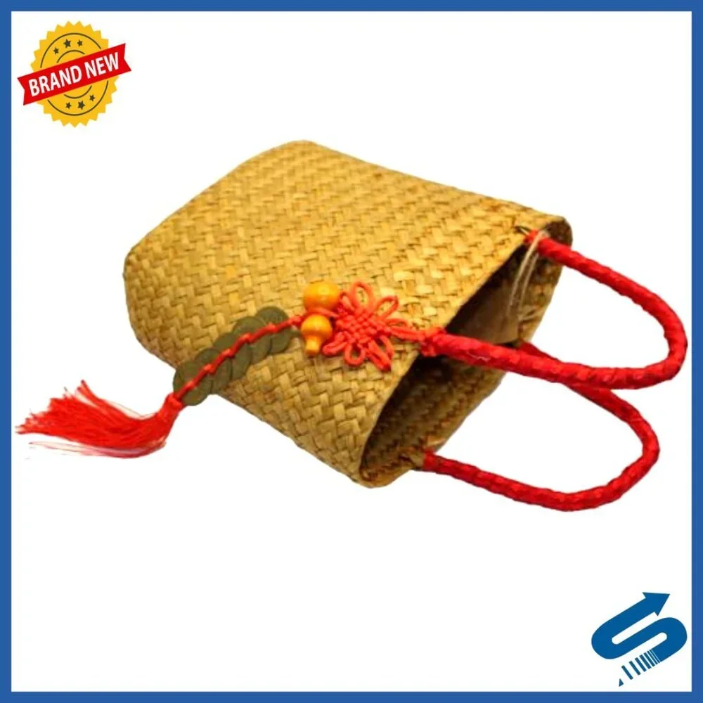 Handwoven Straw Tote Bag Elegant Boho Chic Silk Ribbon Handle Traditional